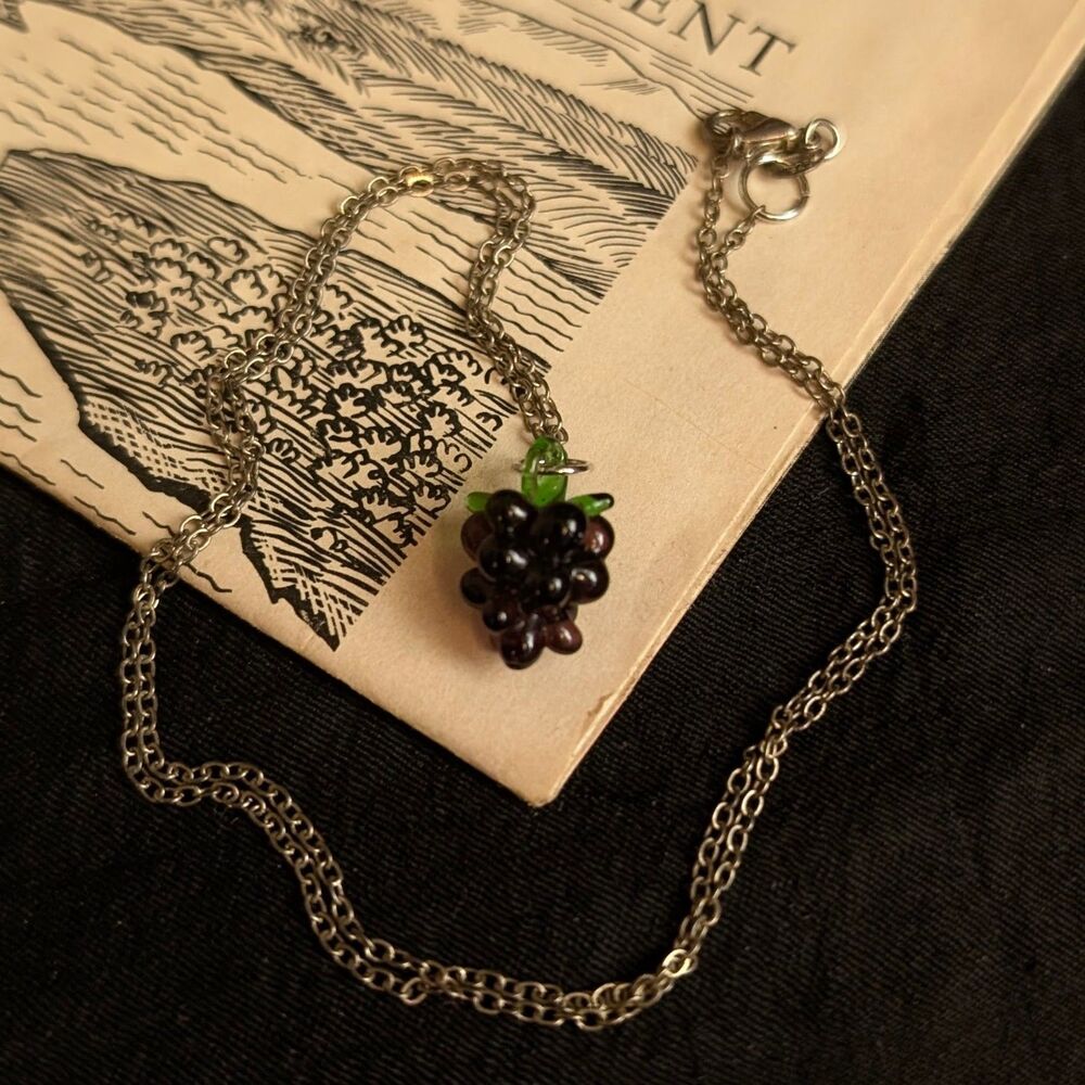 Murano Glass Grape Charm Chain Necklace Sterling Silver